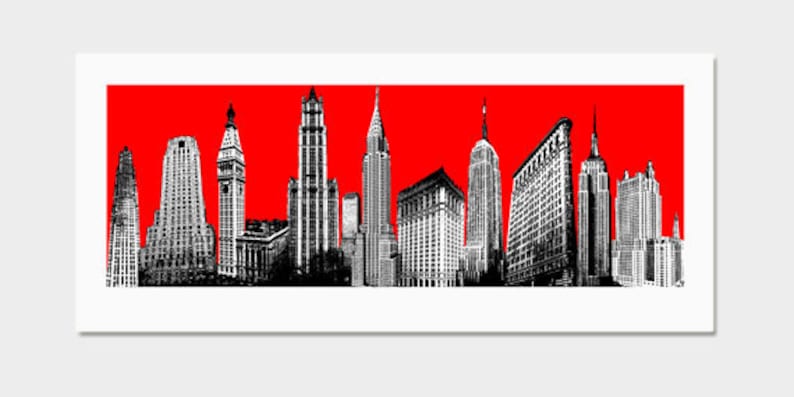Screenprint Pop Art Deco Red NYC Skyline New York City Art Print