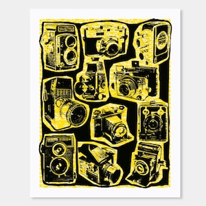 Vintage Cameras Art Print Yellow - Hand Printed - 8X10