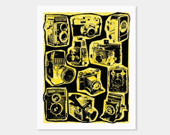 Vintage Cameras Art Print Yellow - Hand Printed - 8X10
