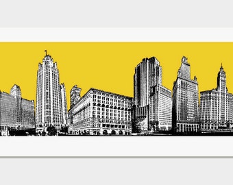 Chicago Art Print Pop Art Deco Skyline - Yellow - Wall Decor - Hand Printed