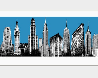 New York City  NYC Pop Art Deco Skyline - Hand Printed Original Art Print