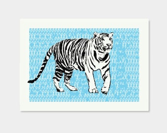 Tiger Art Print (Blue) - Hand Printed - 5X7