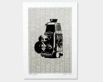 Camera Art Print - Retro Industrial Silver - Hand Printed - 5X7