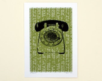 Rotary Telephone Art Print (Green)  - Hand Printed - 5X7