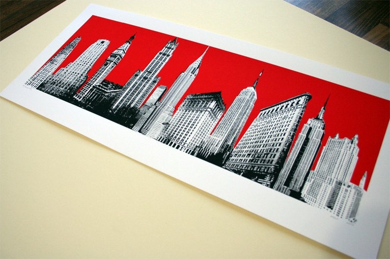 Screenprint Pop Art Deco Red NYC Skyline New York City Art Print