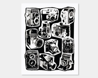 Vintage Cameras Art Print Screenprint 8X10