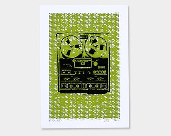 Tape Recorder Art Print - Pop Art Retro Green - Hand Printed - 5X7