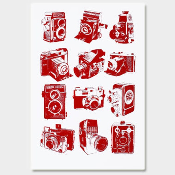 Vintage Cameras Art Print (Red) - Hand Printed