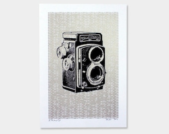 Vintage Camera Art Print - Silver - Hand Printed - 5X7