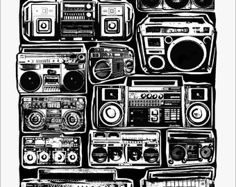 Boomboxes Art Print - Ghetto Blaster - Blackline - Hip Hop Hipster Pop Art - Hand Printed