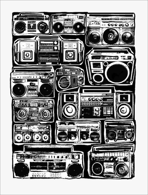 Items similar to Boomboxes Art Print Ghetto Blaster Blackline Hip Hop Hipster Pop Art