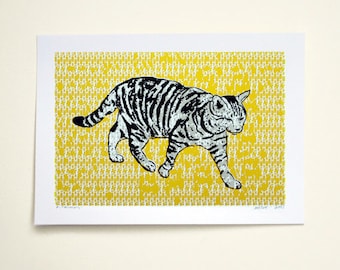 Cat-Domestic Silver Tabby (Yellow)  - Hand Printed Art Print - 5X7