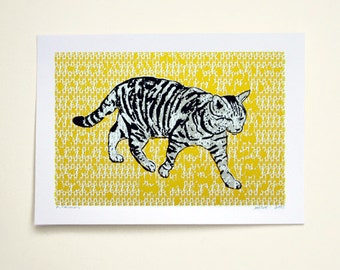 Cat-Domestic Silver Tabby (Yellow)  - Hand Printed Art Print - 5X7