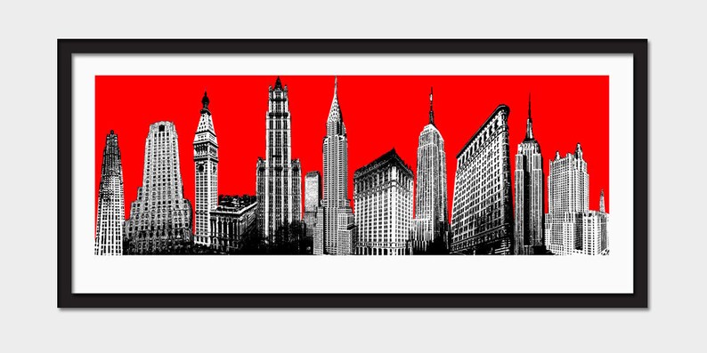 Screenprint Pop Art Deco Red NYC Skyline New York City Art Print