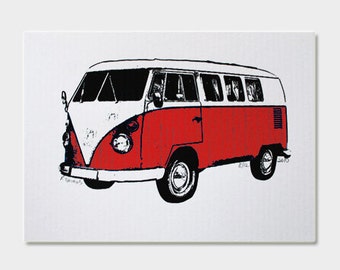 VW Van Art Print (Red) - Hand Printed - 5X7