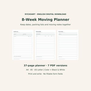 May include: An 8-Week Moving Planner digital download by Rychiiart. The document includes three page layouts for tracking dates, moving budgets, and box inventory. This 37-page planner is available in A4, A5, and US Letter sizes in black and white.