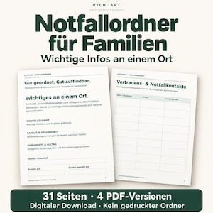 Peut inclure: Un ensemble de documents numériques intitulé Notfallordner für Familien avec du texte vert foncé sur des pages blanches. Les pages présentent des sections organisées pour les contacts d'urgence, la santé et les documents, totalisant 31 pages.