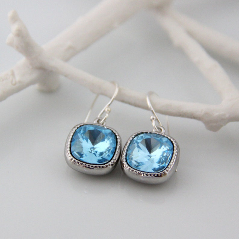 Aquamarine Earrings with Cushion Cut Swarovski Crystals | Etsy