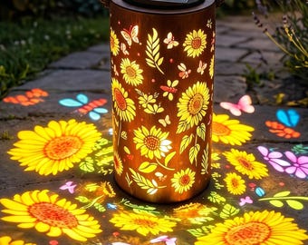 Farol solar de girasol para jardín, luz para patio exterior, lámpara decorativa alimentada por energía solar, proyección de flores y mariposas.
