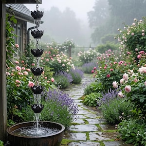May include: A black lotus flower rain chain cascades water into a bronze bowl. The garden path is lined with lavender and rose bushes, with a stone pathway leading into the distance. The scene is set in a lush, green garden on a rainy day.
