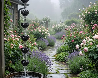 Cadena de lluvia de loto, cadena de lluvia de hierro y metal, cadena de lluvia con forma de flor, cadena decorativa para canalones, decoración de jardín.
