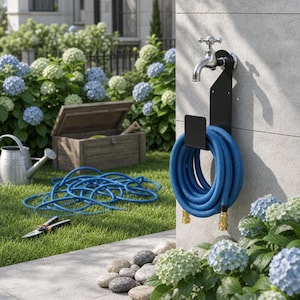 May include: A black metal wall-mounted hose hanger featuring a silver outdoor faucet at the top. A coiled blue garden hose with brass fittings hangs securely on the bracket, which is attached to a light-colored stone wall in a garden setting.