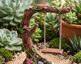 Columpio de árbol en miniatura, decoración de bonsái para jardín de hadas, columpio de madera con flores rosas, adorno de micropaisaje en maceta, decoración de plantas de escritorio
