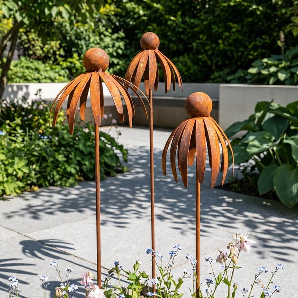 Rusted Metal Garden Flowers, Decorative Flower Stakes, Rustic Patio Sculpture, Weathered Outdoor Plant Art