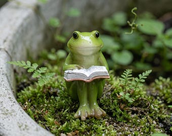 Mini figura de rana verde para jardín, figura de rana de resina, estatua de rana lectora de resina, mini escultura de jardín.