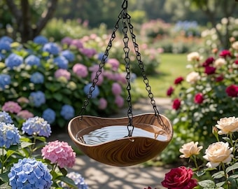 Baño colgante para pájaros, decoración de jardín exterior, comedero para pájaros con aspecto de madera, agua para pájaros silvestres, baño colgante para el patio trasero