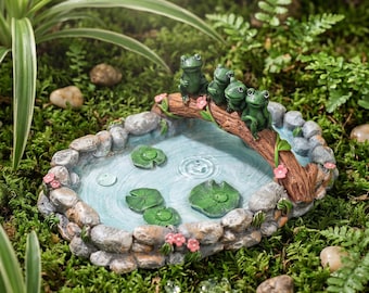 Mini estanque de jardín, figuritas de ranas con peces koi, decoración con suculentas, estanque de hadas en miniatura, adorno de escritorio, pequeña fuente de agua para exteriores.