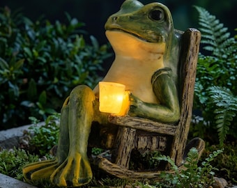 Estatua de rana solar para jardín, mini escultura de rana de resina, luz solar para exteriores, decoración de jardín original, adorno de rana adorable, acento para caminos de jardín.