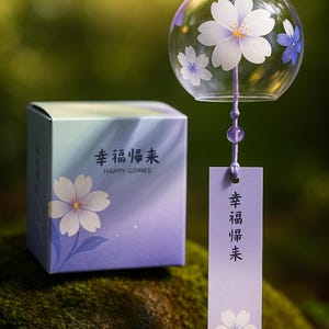 Peut inclure: Un carillon éolien en verre transparent avec des motifs floraux blancs et bleus est suspendu à une ficelle violette. Une boîte assortie avec le texte "Happy Comes" et un motif floral est en dessous. Thème : objet décoratif d'inspiration japonaise.
