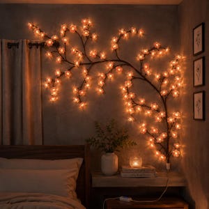 LED-vägglampor för körsbärsblommor, japansk sakurakvist, ljusslingor för sovrum, varmvit väggdekoration, mysig hempresent