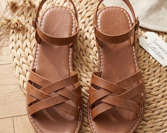 Vintage Brown Woven Open-Toe Flat Sandals Summer Beach Shoes