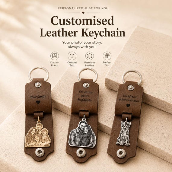 Handmade Personalised PU Leather Keychain - Customised Photo & Engraved Text Keyring