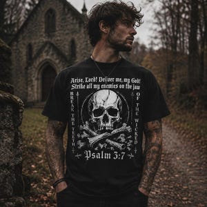 Psalm 3:7 Shirt, Christian Skull Tee, Spiritual Warfare Shirt, Break The Teeth Bible Verse Graphic, Gothic Faith Top image 5