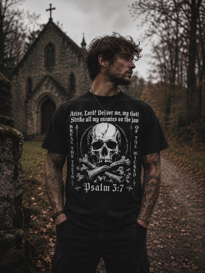 Psalm 3:7 Shirt, Christian Skull Tee, Spiritual Warfare Shirt, Break The Teeth Bible Verse Graphic, Gothic Faith Top image 5