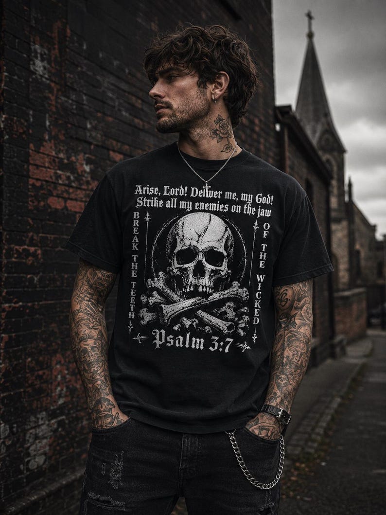 Psalm 3:7 Shirt, Christian Skull Tee, Spiritual Warfare Shirt, Break The Teeth Bible Verse Graphic, Gothic Faith Top image 3