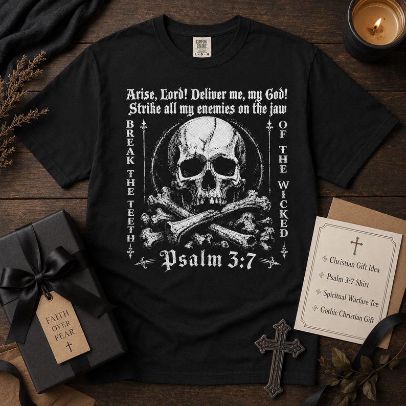 Psalm 3:7 Shirt, Christian Skull Tee, Spiritual Warfare Shirt, Break The Teeth Bible Verse Graphic, Gothic Faith Top image 6