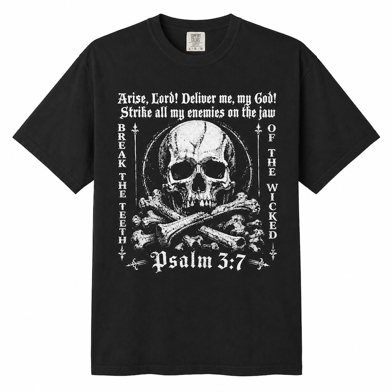 Psalm 3:7 Shirt, Christian Skull Tee, Spiritual Warfare Shirt, Break The Teeth Bible Verse Graphic, Gothic Faith Top image 2