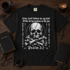 Psalm 3:7 Shirt, Christian Skull Tee, Spiritual Warfare Shirt, Break The Teeth Bible Verse Graphic, Gothic Faith Top image 4