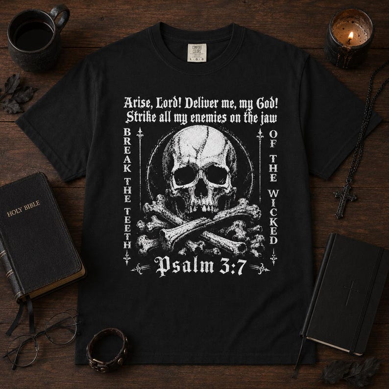 Psalm 3:7 Shirt, Christian Skull Tee, Spiritual Warfare Shirt, Break The Teeth Bible Verse Graphic, Gothic Faith Top image 4