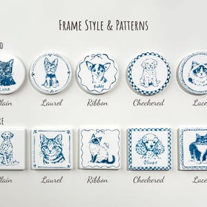 Style and border options for custom ceramic pet magnets, showing round and square shapes with plain, laurel, ribbon, checkered, and lace designs.