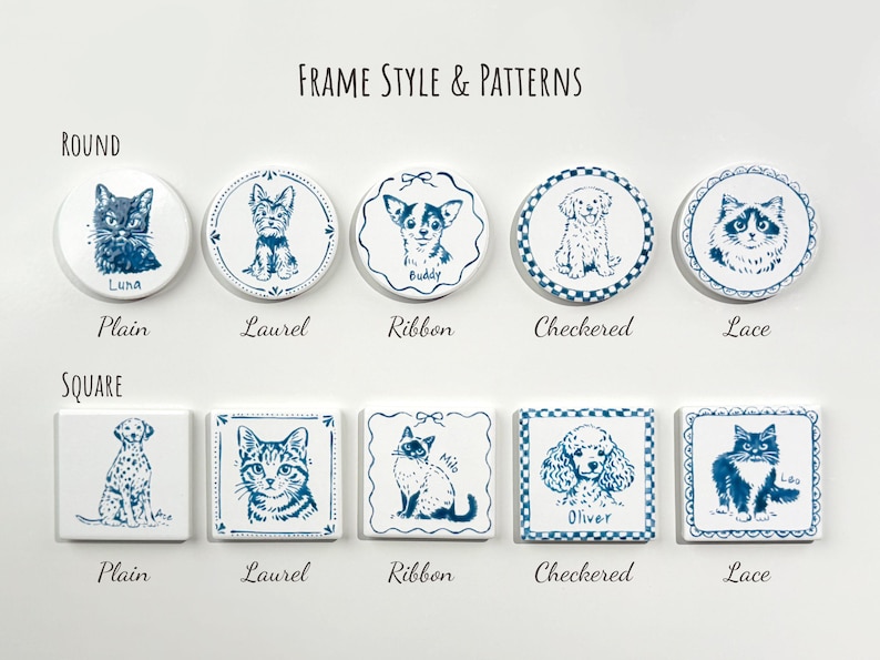Style and border options for custom ceramic pet magnets, showing round and square shapes with plain, laurel, ribbon, checkered, and lace designs.