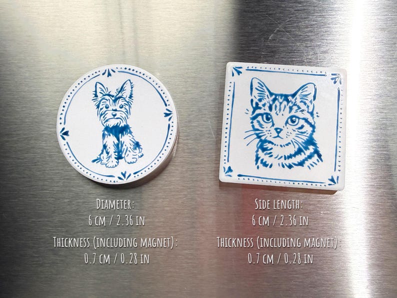 Size comparison chart for round and square ceramic pet magnets, showing dimensions and thickness measurements on a brushed metal background.
