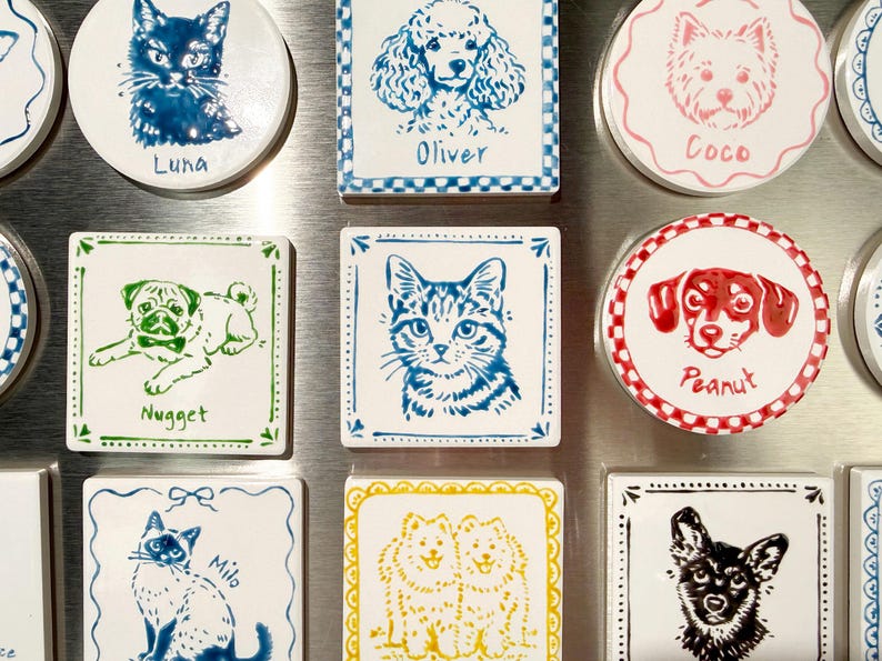 Colorful custom pet portrait magnets displayed on a brushed metal surface, featuring hand-drawn cats and dogs in round and square ceramic designs with names like Luna, Oliver, Coco, Nugget, Peanut, and Miu.