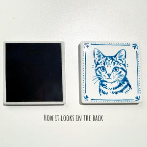 Front and back view of a square ceramic pet portrait magnet, showing the black magnetic backing and the finished cat illustration on the front.