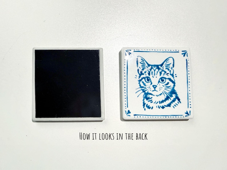 Front and back view of a square ceramic pet portrait magnet, showing the black magnetic backing and the finished cat illustration on the front.