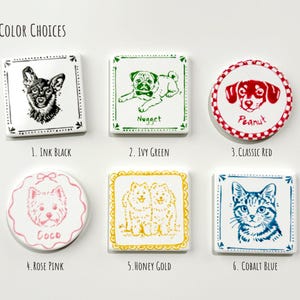 Color choices for custom ceramic pet magnets, including ink black, ivy green, classic red, rose pink, honey gold, and cobalt blue.